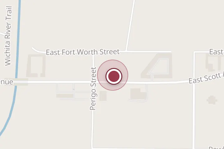 Street map around 1106 E Scott Ave, Wichita Falls, with a pin at Dollar General