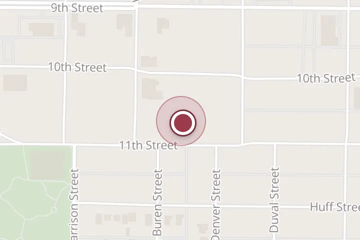 Street map around 1912 11th St #208, Wichita Falls, with a pin at FatCow Services