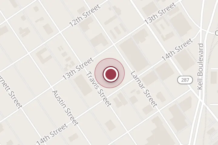Street map around 1300 Lamar St, Wichita Falls, with a pin at Kemp Center for the Arts (Arts Council WF)