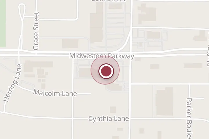 Street map around 1501 Midwestern Pkwy #108, Wichita Falls, with a pin at Mathes Chiropractic & Restorative Wellness Center