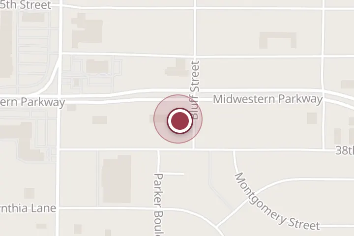 Street map around 1401 Midwestern Pkwy, Wichita Falls, with a pin at Pecan Shed - Wichita Falls
