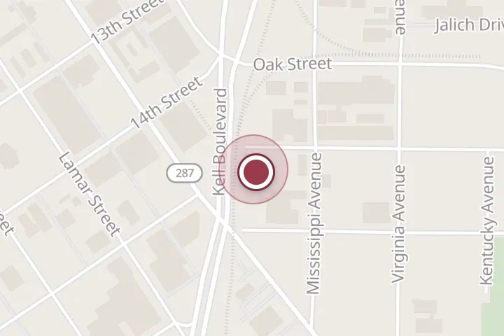Street map around 101 Elm St, Wichita Falls, with a pin at Season Master Services