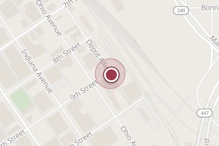 Street map around 500 9th St, Wichita Falls, with a pin at Wichita Falls Railroad Museum